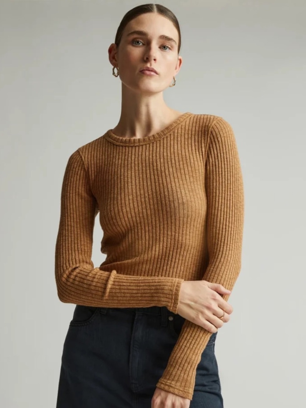 Everlane THE COZY RIB LONG-SLEEVE TEE Camel Cappuccino Tan S